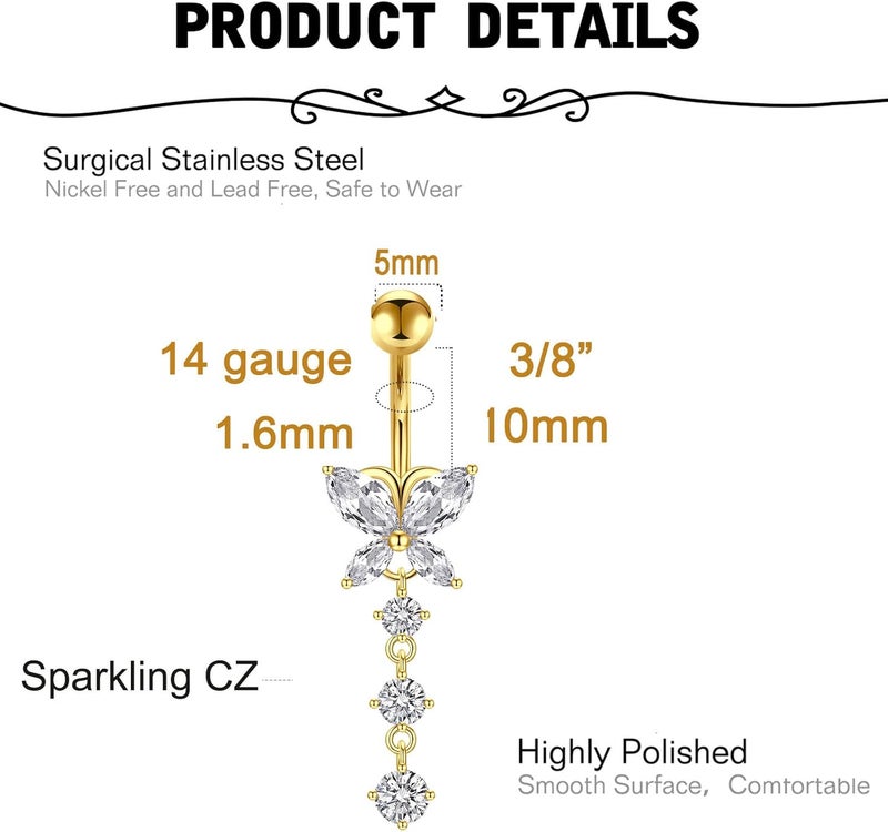 MODRSA Silver Gold Belly Button Ring for Women Clicker Hoop Belly Rings Opal Navel Piercing Jewelry Dangle Hypoallergenic Surgical Steel Dainty Dangling Navel Rings for Women - Image 2